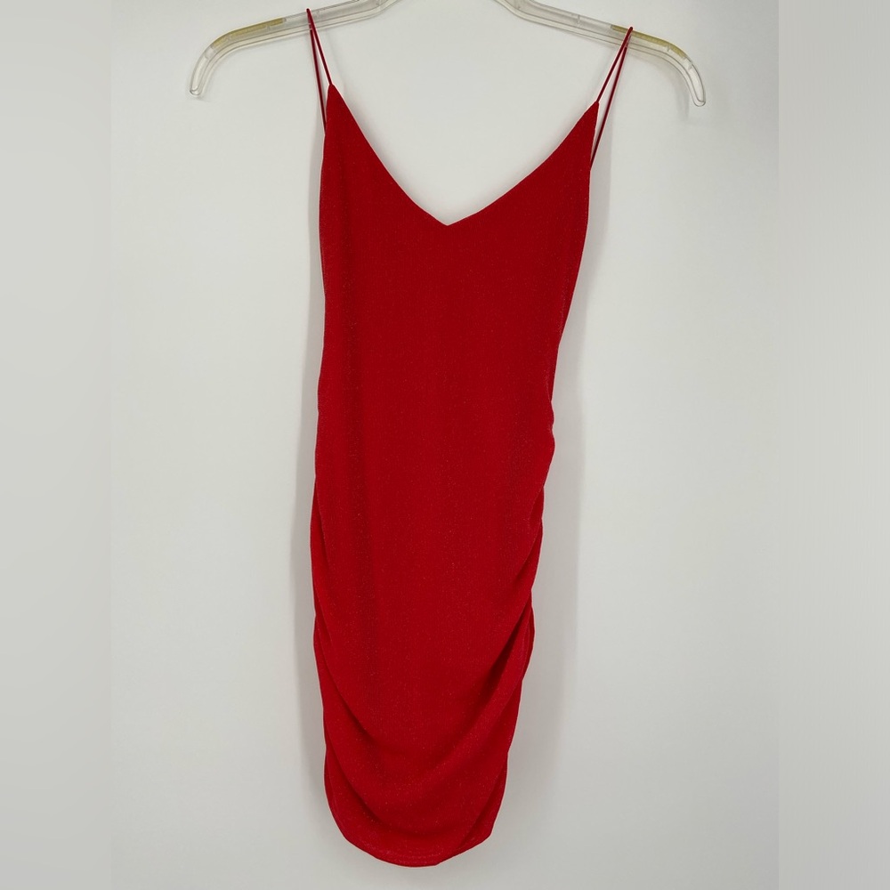 NWT, Luvalot Red Mini Dress, ruching at sides and back, sparkle, body con size 6
